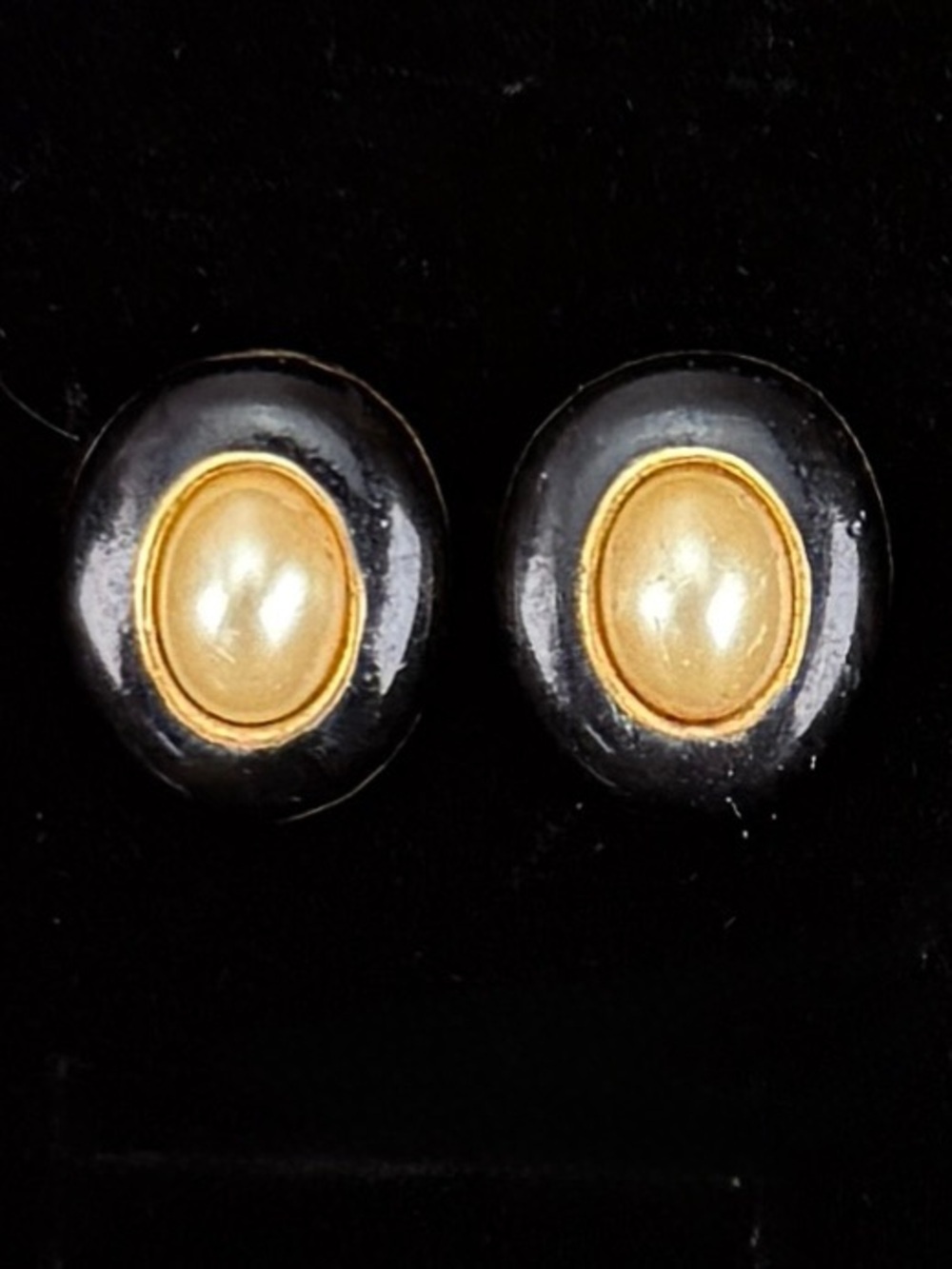 Vintage Black and aged Goldtone Pierced Earrings